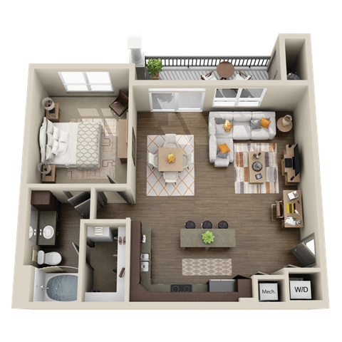 Floor plan for 1 bed, 1 bath, 825 sqft